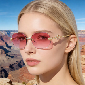 Nuevas Gafas de Sol sin Marco Estilo Europeo Americano para Mujer, Diseño de Cabeza de Serpiente con Borde de Corte de Diamante, Protección UV400, Marco de Aleación de Zinc - Product Image 5