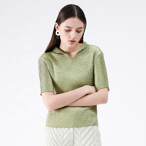 Verano Venta caliente mujeres europeas y americanas de pie cuello manga corta plisado Delgado verde <span class=keywords><strong>mujer</strong></span> versátil camiseta Top - Product Image 4