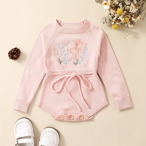 Bebek bebek kız örgü tulum çiçek nakış yuvarlak boyun uzun kollu Romper İpli bel lbc ile - Product Image 2