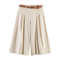 Pantalon décontracté plissé beige à fermeture éclair et ceinture, longueur mollet, pour femme