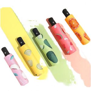 Parapluie pliant automatique 3 sections pour femme adulte, léger 8K, avec logo personnalisé, en tube de fer, motif fruits, revêtement noir, protection soleil et pluie - Product Image 2