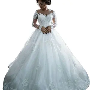 Factory Custom Ball Gown Big Train New Wedding Bride Senior Retro Sexy Tulle V-neck Long Sleeve Wedding Dress