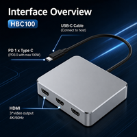 Adaptador de Video USB-C DisplayLink 1 a 3, 3xHDMI 4K*60Hz, PD 90W Upstream + 100W Pass-Through, Carcasa de Aluminio para Laptop/Mac