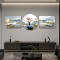 Tableau mural paysager serein en trois parties, bleu et or, avec arbre, cerf, verre, cristal et panneaux en aluminium pour salon et intérieurs d'hôtel