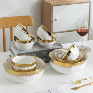 Tazón Cerámico Escandinavo Simple con Borde Dorado, Vajilla para Uso Doméstico, Elegante para Servir Ensaladas, Fideos y Arroz - Product Image 4