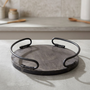 Plateau de service en bois pour thé et café avec poignées métalliques, écologique, compatible lave-vaisselle et micro-ondes, décoratif pour fruits et collations à la maison - Product Image 1