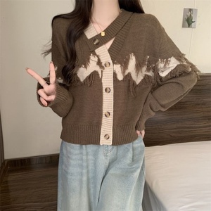 Giacche di moda maglieria con nappe <span class=keywords><strong>Cardigan</strong></span> maglione da <span class=keywords><strong>donna</strong></span> traforato <span class=keywords><strong>blu</strong></span> e grigiastro con bottone a bottone - Product Image 1