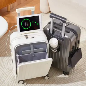 Multifunctional Front Open Laptop Luggage With Cup Holder USB Charging Spinner Trolley Travel Suitcase 20 22 24 26 28inch