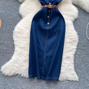 Vestido Midi Tipo Túnica Romana de Verano para Mujer, Sin Mangas, Estilo Imperio, en Mezclilla - Product Image 3