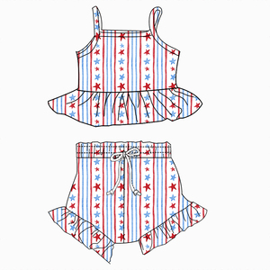 Completo per Bambine per il 4 Luglio, Top con Volant e Pantaloncini in Tessuto Milk Silk, Set 2 Pezzi, Abbigliamento Patriottico per Bambini per la Festa dell'Indipendenza - Product Image 3