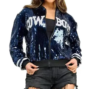 Wholesale Private Label Fashion NFL Sports Bling Baseball Uniform Short Zipper Coat Women Sequin Jacket