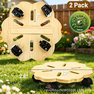 Base de madera para macetas con ruedas, bandeja redonda móvil para plantas en maceta, color madera natural ligero - Product Image 3