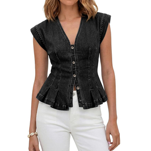 <span class=keywords><strong>Gilet</strong></span> en jean 100 % coton pour femme, tendance 2026, à manches courtes, col en V, boutonné, coupe courte, pour l'été - Product Image 3