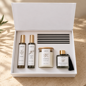 Aikun Custom 4 Piece Boxed Aroma Home Fragrance Gift Set with <b>Room</b> Sprays Scented Candle Reed Diffuser OEM ODM Packaging - Product Image 1