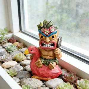 Estatua Colorida de Dios Tiki Montando un Flamenco, Escultura de Madera Tallada a Mano con Falda de Hojas, Arte Tropical Polinesio en Resina - Product Image 3