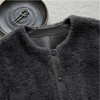 Veste en laine et cuir pour femme, col rond, boutons-pression, gris, fourrure bouclée, courte, vêtement d'extérieur d'hiver