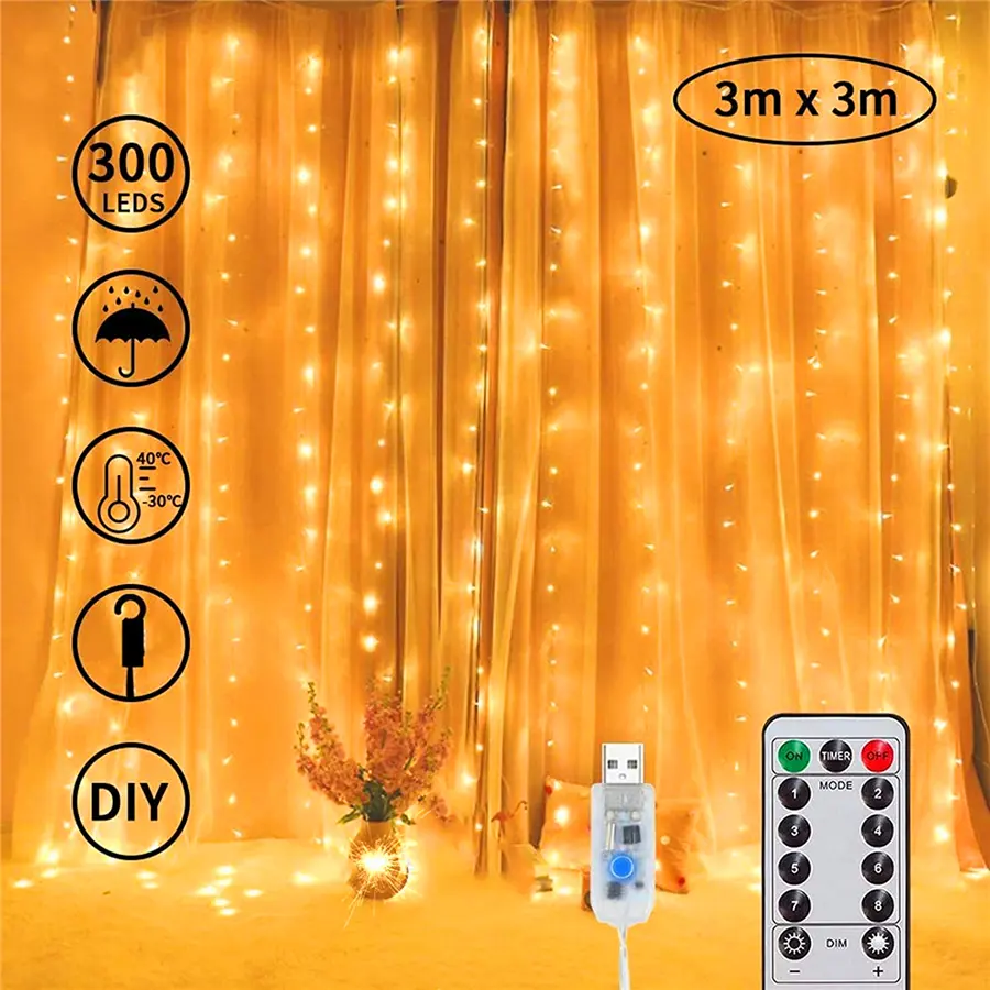 USB curtain string lights *3m with 300leds warm white color holiday lights christmas decoration hot sell holiday party lighting