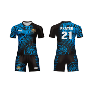 Maillots de rugby pour hommes en polyester respirant 100% personnalisés en gros, ensemble de maillots de sport bleus avec impression par sublimation - Product Image 1
