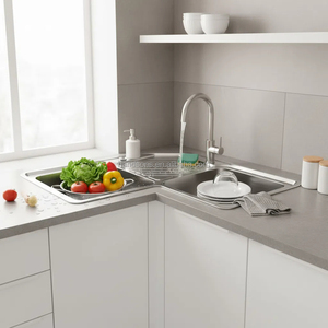 Nuovo Lavello da Cucina Moderno Rettangolare Angolare a Doppia Vasca <span class=keywords><strong>Salvaspazio</strong></span> in Acciaio Inox con Garanzia di 5 Anni - Product Image 4