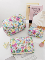 Ensemble de 3 trousses de toilette portables grande capacité, motif floral, personnalisables avec logo, en coton matelassé léger