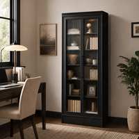 Bibliothèque somptueuse en chêne noir anthracite, vitrine à 2 portes en verre cannelé pour bureau de luxe, bibliothèque, meuble de rangement mural