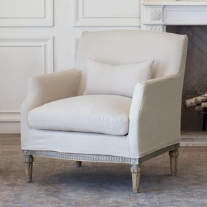 <span class=keywords><strong>Fauteuil</strong></span> d'appoint style campagne française avec housse amovible, revêtement en <span class=keywords><strong>lin</strong></span> et pieds en bois, structure en bois vieilli avec housse amovible - Product Image 3