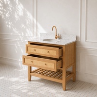 Meuble-lavabo de salle de bain en chêne avec comptoir en marbre, armoire de salle de bain autoportante en bois massif avec 2 tiroirs et étagère de rangement ouverte