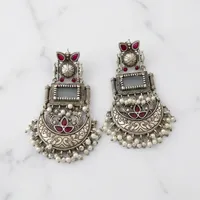 Boucles d'oreilles pendantes en argent oxydé style ethnique tribal indien bohème avec agate, 3 pouces, pour soirée, mode antique, vente en gros