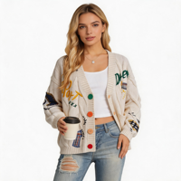 Suéter de Punto Trenzado con Cuello en V para Mujer, de Alta Calidad, con Bordado de Letras, Botones Coloridos, Bolsillos, Manga Larga, Chaqueta Holgada