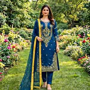 Conjunto de 3 piezas de Kurti, pantalón y Salwar Kameez de seda Choo bordado de diseñador pakistaní al por mayor, listo para usar. - Product Image 1