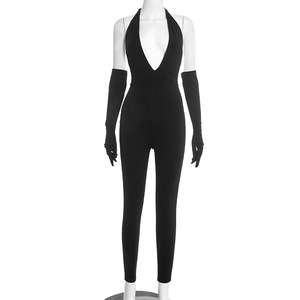 Viviblook J25JP466 Women <b>Party</b> Nightclub Casual <b>Jumpsuits</b> Halter Tied Rope Backless Solid Color One Piece <b>Jumpsuit</b> With Gloves - Product Image 3