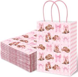 Sacs en papier Western Cowgirl avec nœud rose, sac cadeau en forme de botte et chapeau de cowgirl avec poignée, sac à bonbons et friandises Coquette pour fête d'anniversaire - Product Image 1