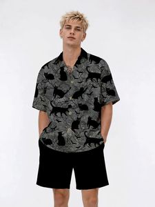 Camicia da uomo <span class=keywords><strong>a</strong></span> maniche corte <span class=keywords><strong>con</strong></span> stampa all-over di gatti neri e pipistrelli, stile vintage scuro, collo cubano, vestibilità ampia, casual, per Halloween, vacanze e spiaggia - Product Image 2