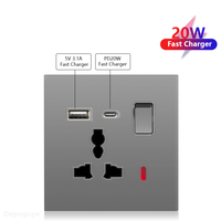 Prise murale USB 13A du Royaume-Uni, prise universelle intelligente 20W à charge rapide Type-C, double prise électrique, interrupteur mural 220V 1/2 voie