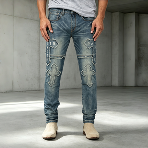 Stylish Retro Washed Tailored Denim Trousers with 3D Cross Embroidery Patches for Urban Hip Hop Daily <b>Outfits</b> - Product Image 1