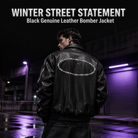 Veste Bomber Varsity Homme en Cuir Véritable Noir Uni avec Logo, Tendance Hiver 2026, Style Urbain Élégant et Unique