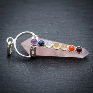 Carved Rose Quartz Chakra Pendulum with Seven Gemstone Inlays Portable Reiki Healing Tool - Product Image 2