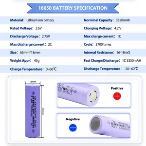 3.6 वोल्ट फ्लैट टॉप रिचार्जेबल बैटरी 3350mAh 5A डिस्चार्ज करंट 18650 लिथियम-आयन बैटरी इलेक्ट्रिक साइकिल बैटरी