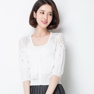 Women Openwork Knit <strong>Cardigan</strong> Korean Style Lightweight Button Front V Neck <strong>Cropped</strong> Summer Sweater for Boutique Fashion - Product Image 3