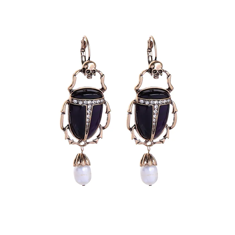 e9112307 Vintage Gold Long Skull Crania Purple Beetle Insect Rhinestone Cultured Freshwater Pearl Hanging Charm Earrings