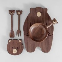 Plateau de service en bois de noyer à motif de dessin animé sur le thème de l'ours pour repas/thé, plateau à fruits et pâtisseries avec fourchettes et cuillères - Commandes personnalisées en petite série
