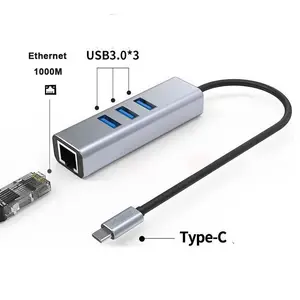 4合1千兆以太网笔记本电脑集线器，带3个USB 3.0坞站加密狗千兆以太网电缆USB 3.0至千兆RJ45以太网电缆