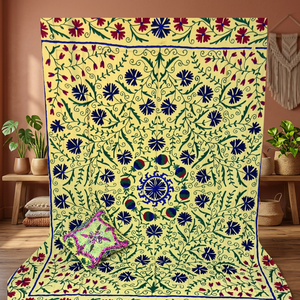 Couvre-lit en coton Suzani brodé à la main, drap simple, couverture de canapé, tapisserie florale vintage bohème, ensemble de décoration artistique - Product Image 3