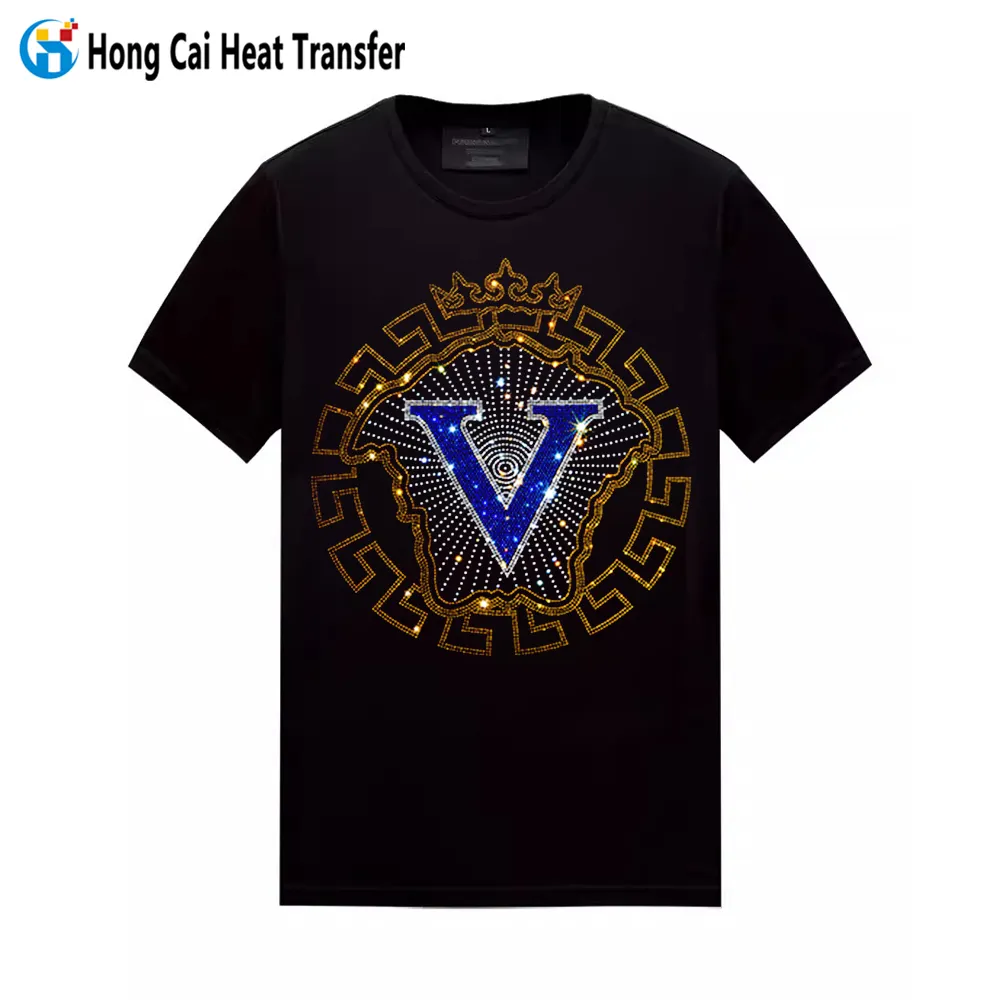 Hongcai Thời Trang Sang Trọng Hot Sửa Chữa Rhinestone T Áo Sơ Mi Tùy Chỉnh Truyền Nhiệt In Ấn Thiết Kế Logo Mô Hình Ngắn Tay Áo Giản Dị