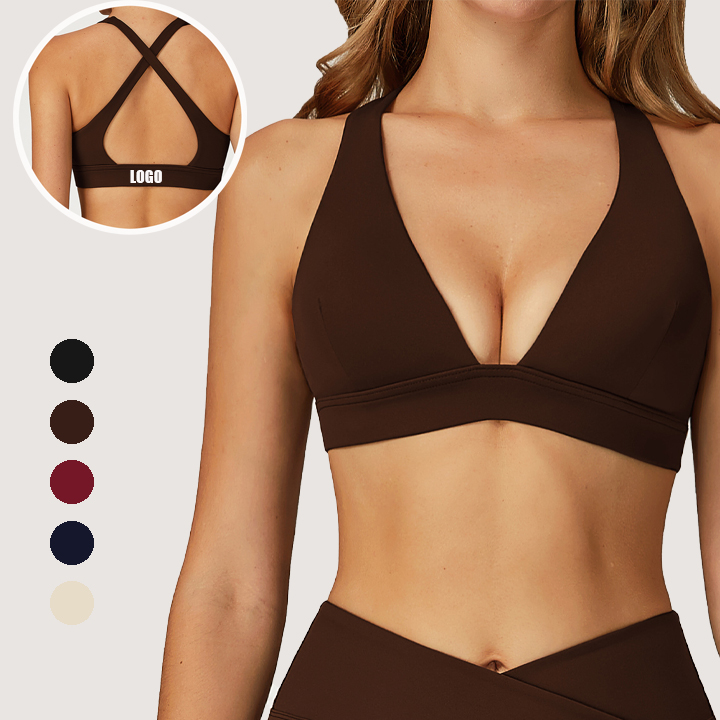New Arrival Naked V Neck Cross Back Paddeed Shockproof Compression Bra Running Gym Breathable Yoga Bra