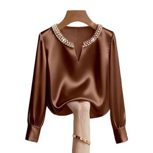 Camisa de manga larga con cuello en V de satén con perlas y cuentas, estilo francés de alta gama, para mujer, Colección Primavera 2026 de Independent <span class=keywords><strong>Site</strong></span> Wish - Product Image 5