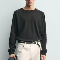 Pull en tricot gaufré gris foncé à col rond et manches raglan pour homme, pull thermique texturé