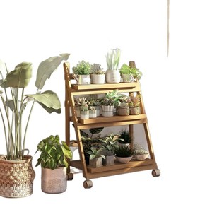Wooden Tiered Plant <b>Stand</b> With Wheels For Indoor Outdoor Use Living Room Balcony Flower <b>Pot</b> Display Rack Rectangle Shape - Product Image 1