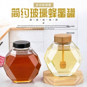 High Quality Factory Price Custom Shape Empty Hexagon Honey Packaging Glass <b>Jar</b> With Dipper - Product Image 3