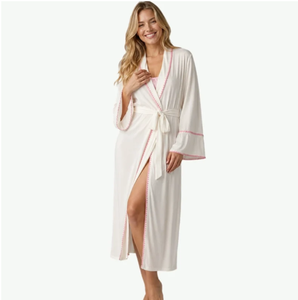 Women's Bathrobe For Women 100% Cotton Bulk Personalized Soft Bamboo Ladies Bathrobes with Pink Crochet Trim Accent - Product Image 3